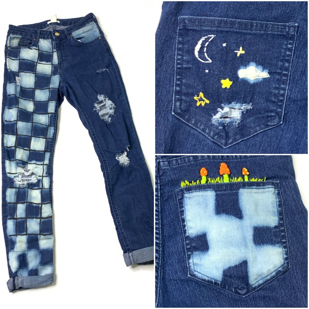 H&M Mushroom Embroidered Bleached Customized Jeans Skinny Leg Distressed Ripped